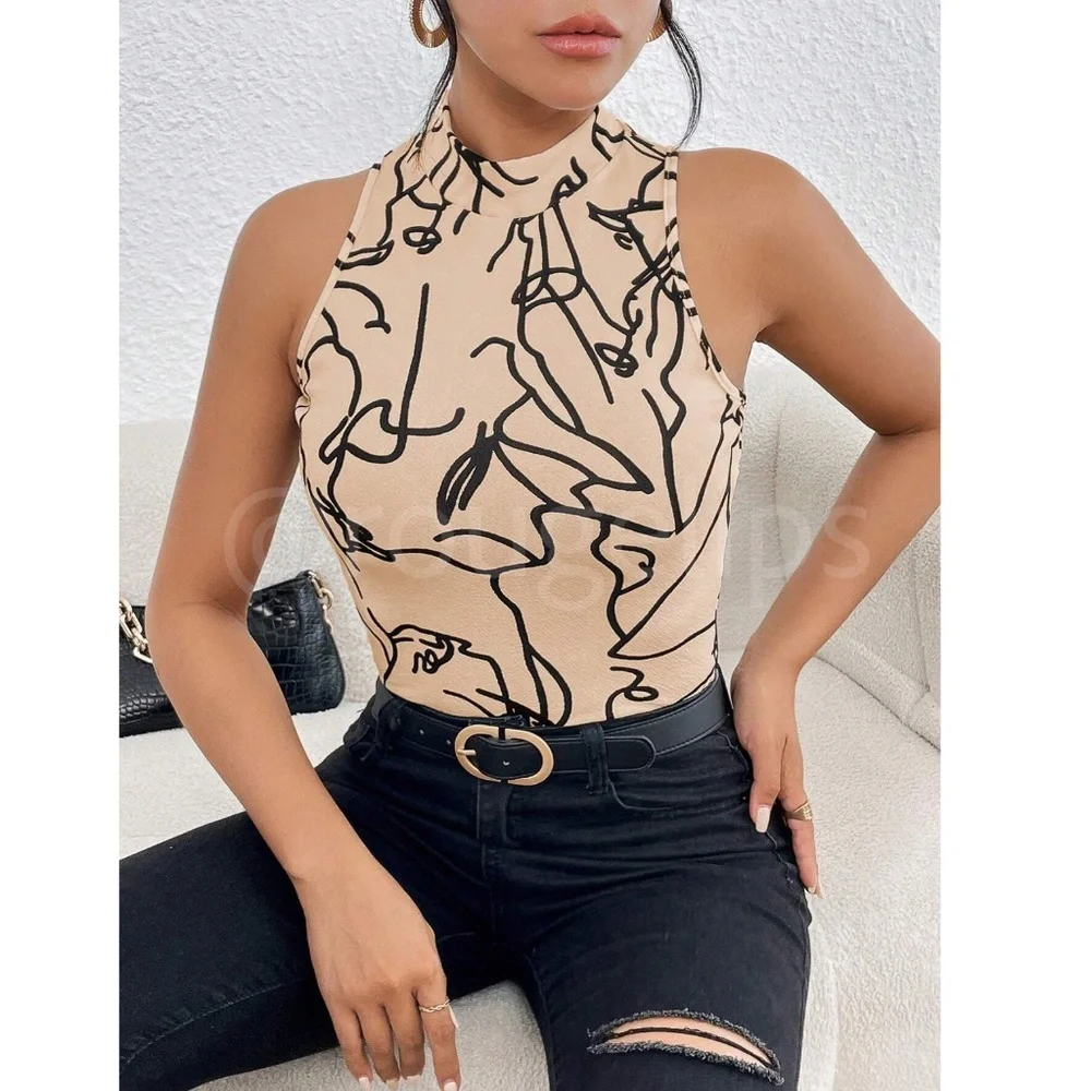 Abstract Face Print Beige Tan Sleeveless Top Slim Fit High Neck - Picture 4 of 7
